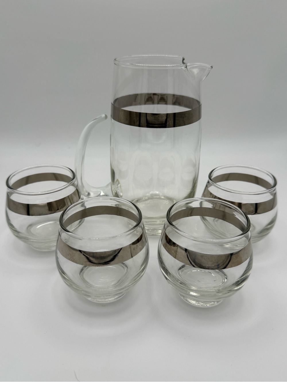 Vintage Libbey Barware Set- Clear Glass Pitcher and 4 Tumblers with Silver Bands